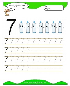 7 Rakamı Çizgi Çalışmaları Çalışma Sayfaları
